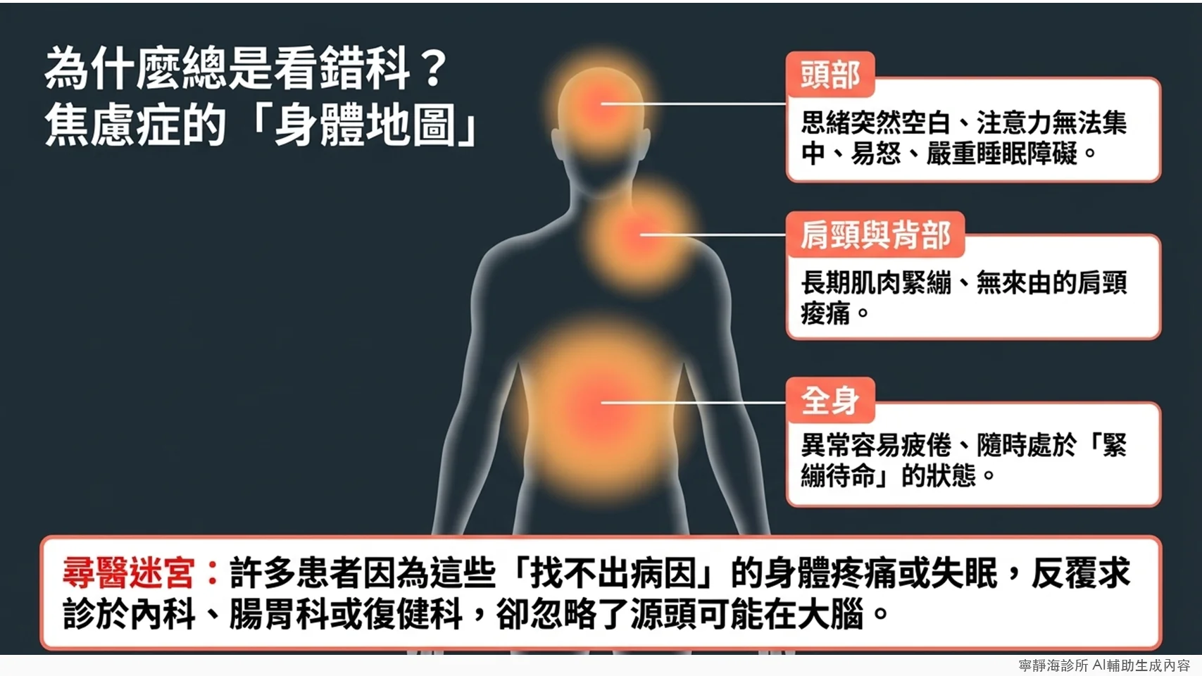 廣泛性焦慮症身體地圖:頭部注意力不集中、肩頸痠痛、全身疲倦
