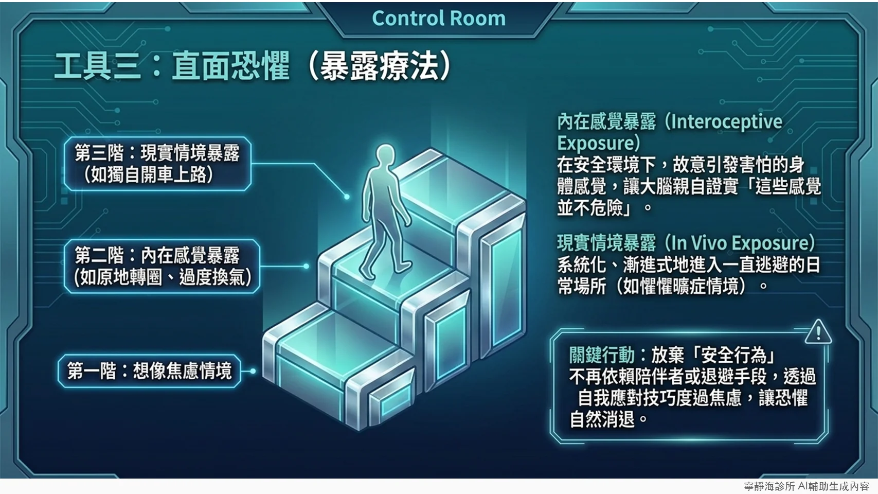 恐慌症暴露療法三階段:想像焦慮情境、內在感覺暴露、現實情境暴露