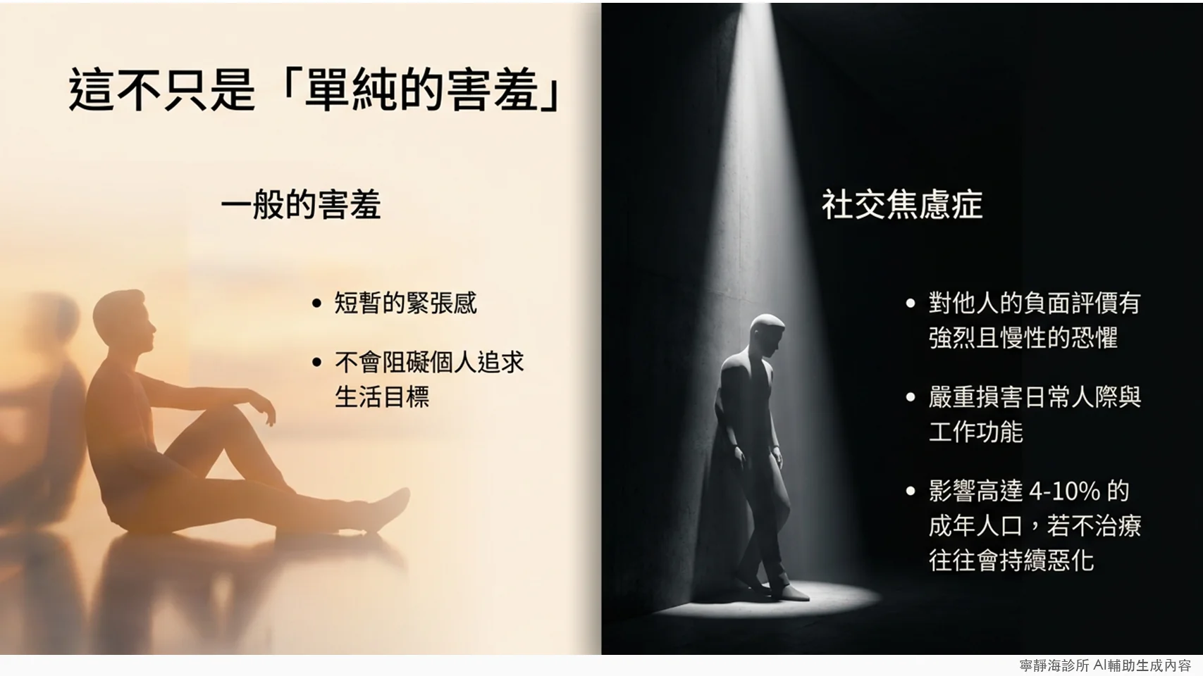 一般害羞與社交焦慮症的差異:社交焦慮症影響4-10%成年人口