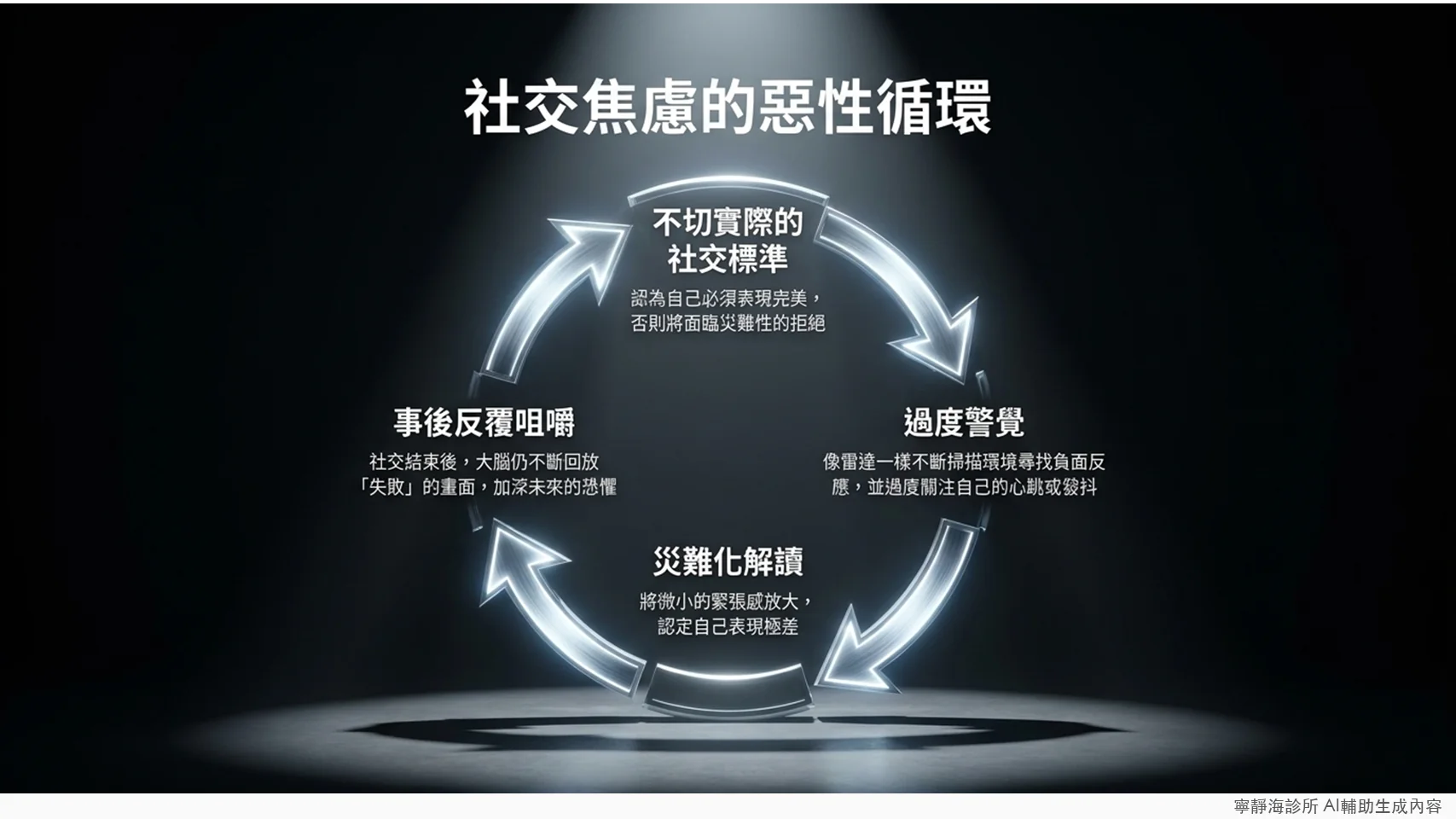 社交焦慮惡性循環四階段:不切實際的社交標準、過度警覺、災難化解讀、事後反芻