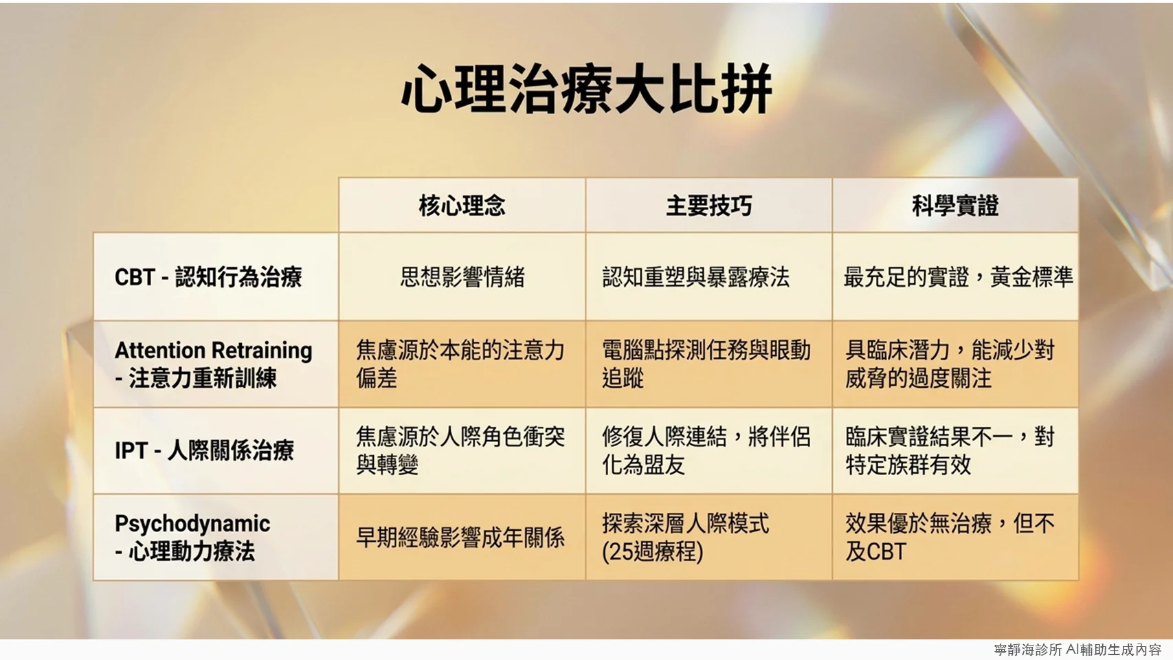 社交焦慮症心理治療方式比較:認知行為治療、注意力重新訓練、人際關係治療、心理動力療法