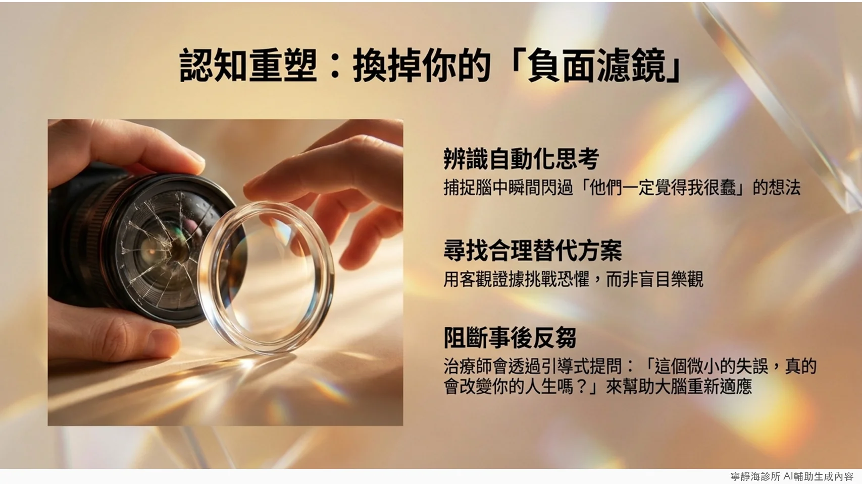 認知重塑技巧:辨識自動化思考、尋找合理替代方案、阻斷事後反芻