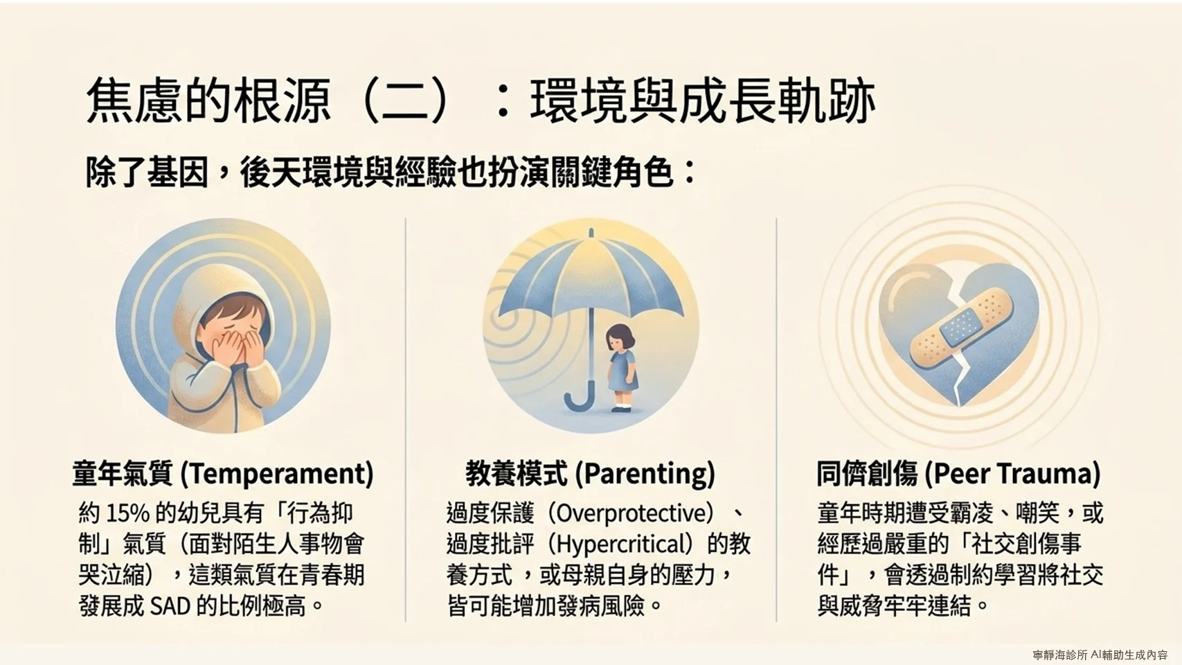 社交焦慮症環境成因:行為抑制氣質、過度保護教養、童年同儕創傷