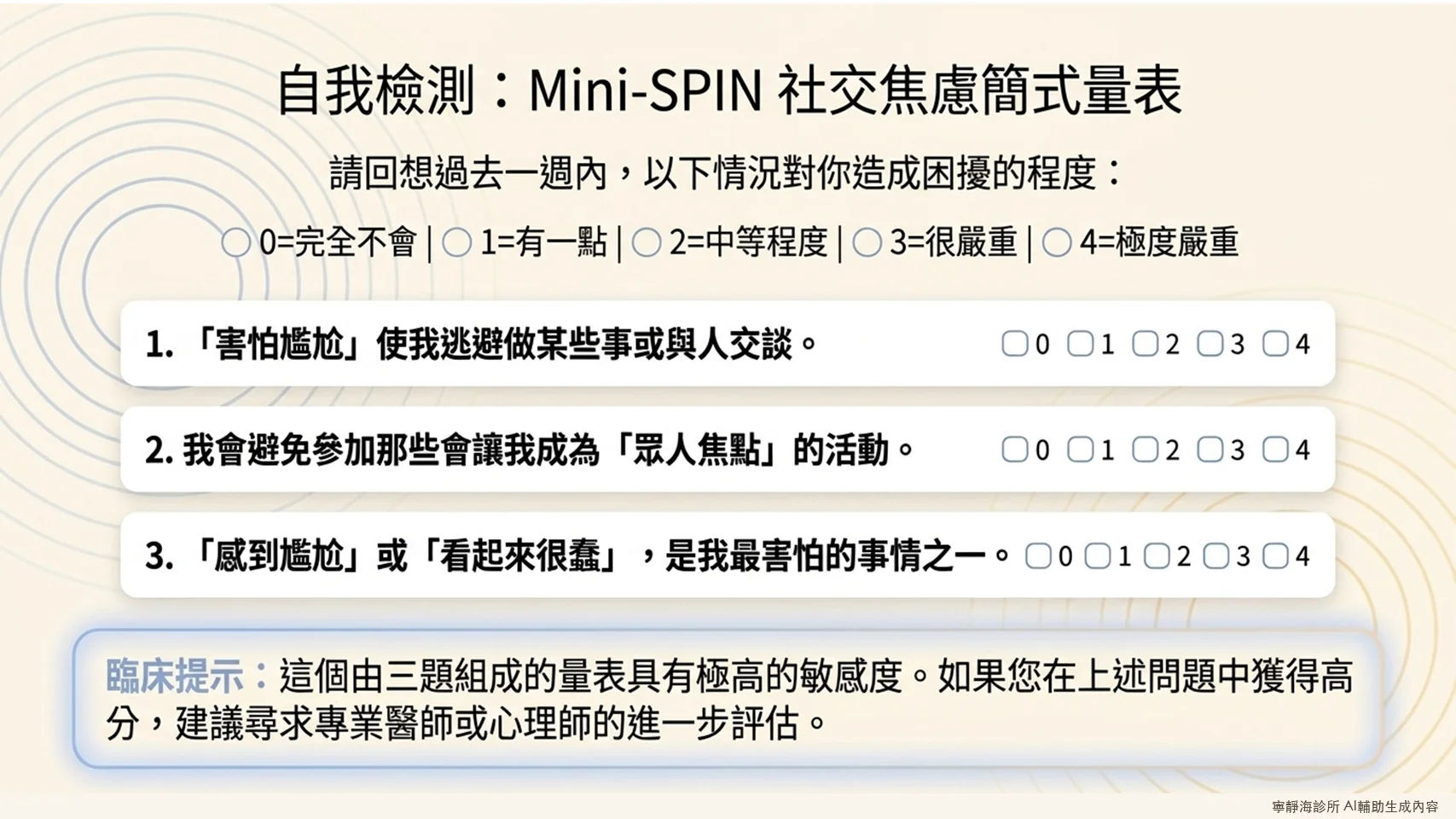 Mini-SPIN社交焦慮簡式量表:三題自我評估,0至4分五點量尺